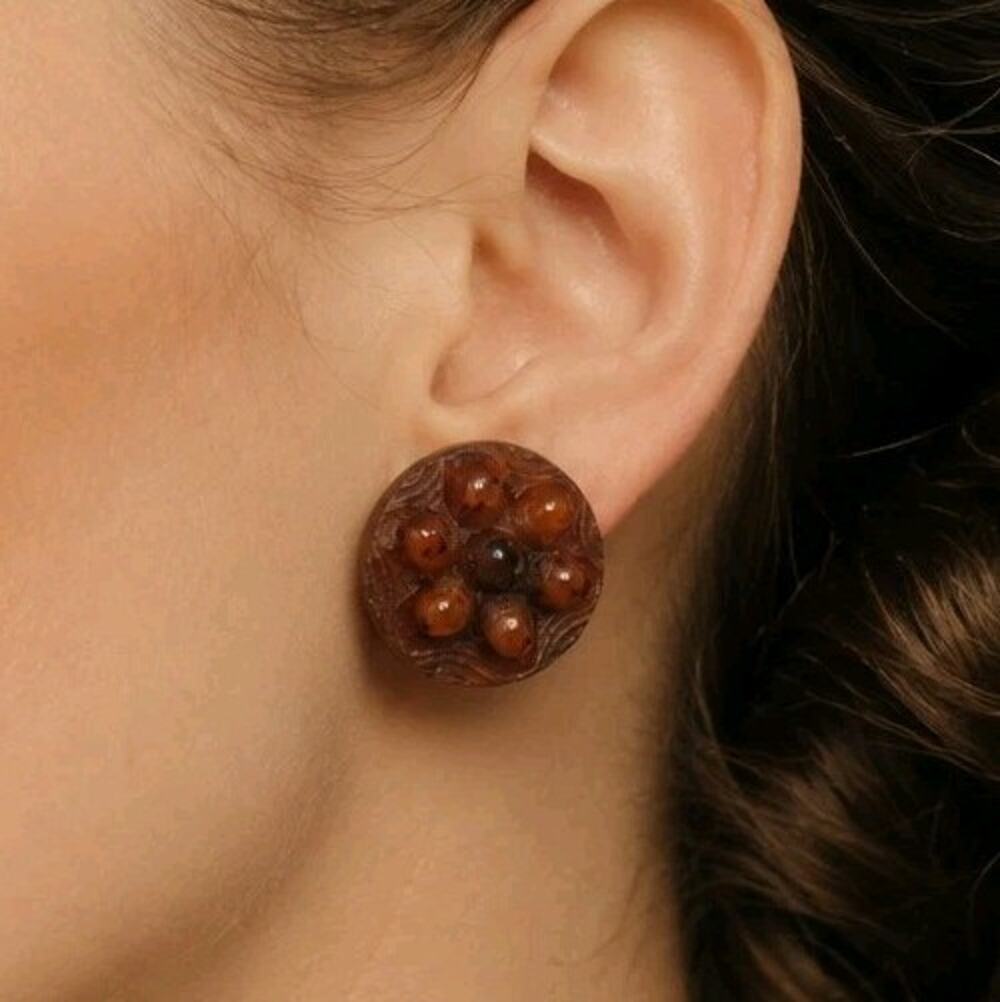 Vintage 40s Carved Burnt Orange Brown Bakelite Flower Screwback Earrings Tested